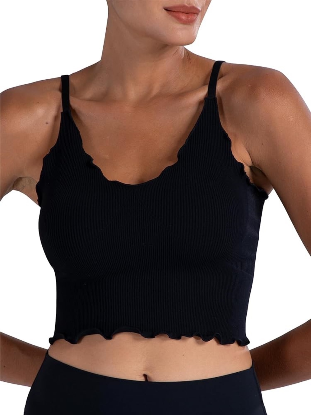 Yogalicious Black Ribbed Lettuce-Edge Cami